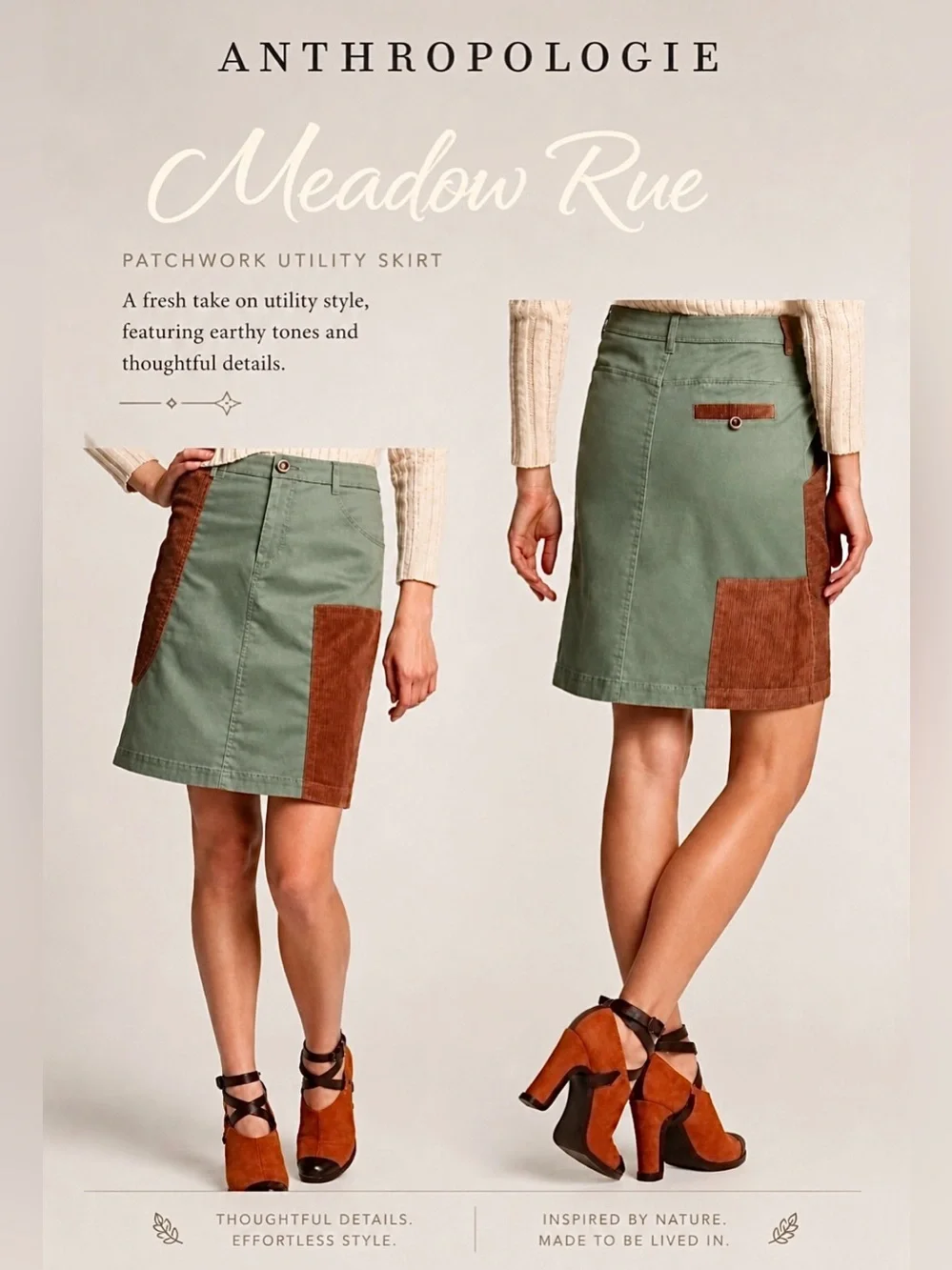 Meadow Rue Anthropologie Green Brown A-Line Patchwork Quilted Pocket Skirt Sz 4 - Picture 1 of 9